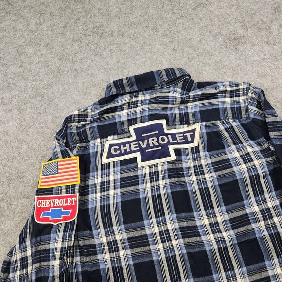 VTG Chevrolet Shirt Mens Large Blue Plaid Flannel Embroiderd Patch Racing USA - Picture 2 of 14